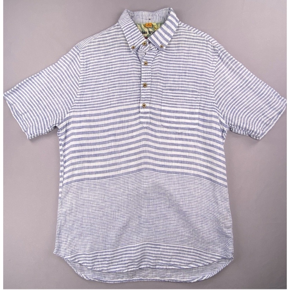 Tailor Vintage Linen Henley Shirt Mens Sz M Blue Striped Popover Coastal Preppy